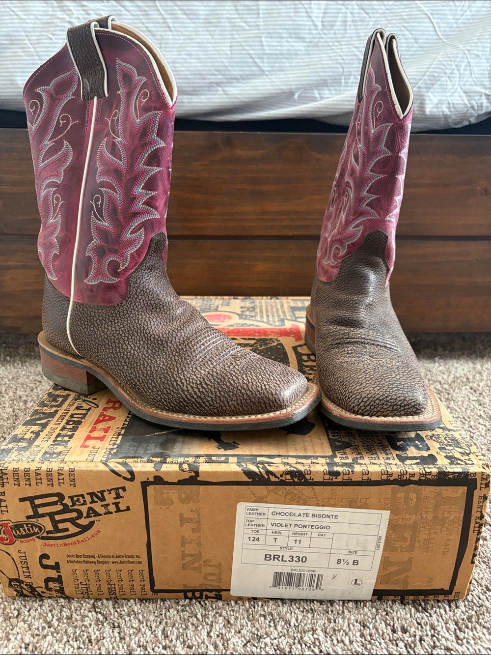 Justin Boots Brown Leather Foot with Violet Embroidered Shaft Western Boots